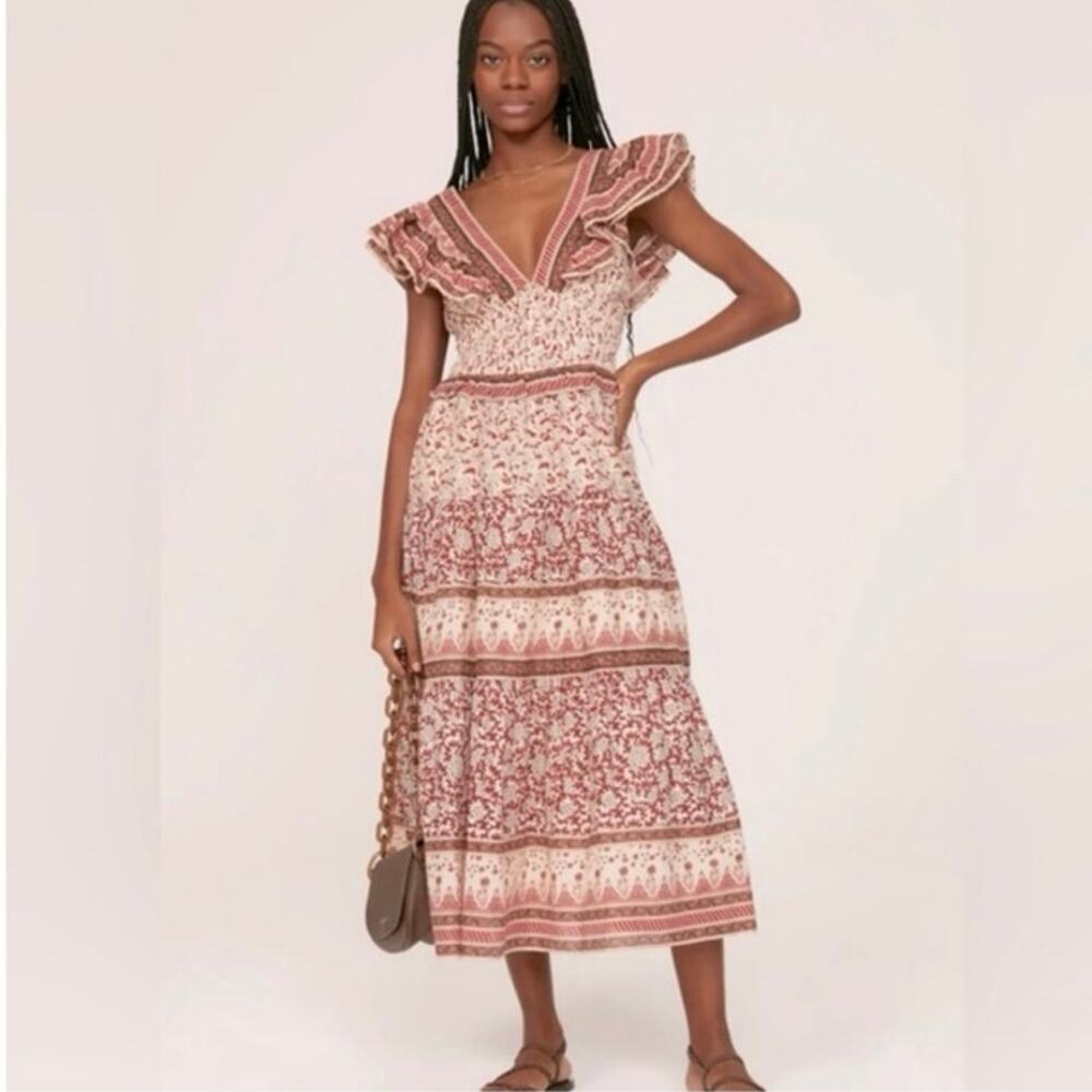 Sea New York Size 4 Ivette Flutter Sleeve Smocked Midi Dress Floral Indie Boho